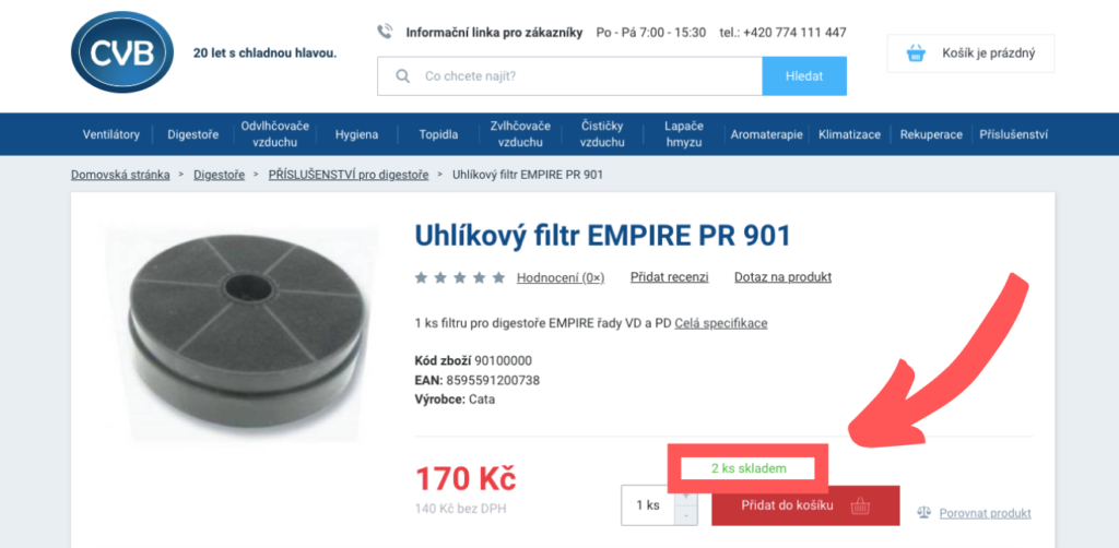 příklad urgence na CVB webu od InspiShop